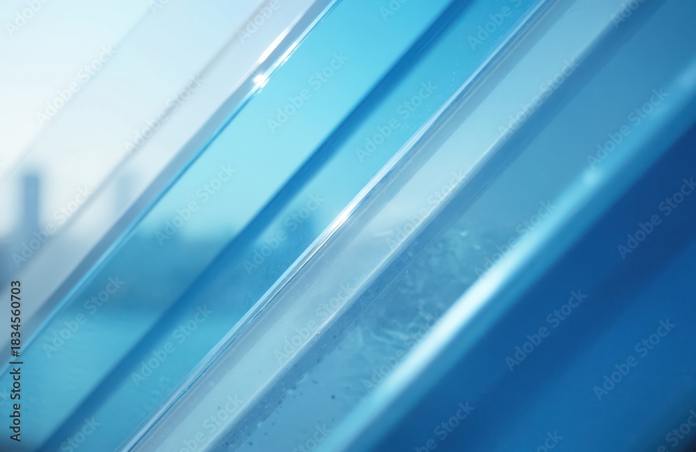 Fototapeta premium Blue striped polycarbonate sheets show clear modern texture. Light reflects on smooth plastic surface. Distant city buildings blur in reflection. Abstract tech background conveys transparency, eco