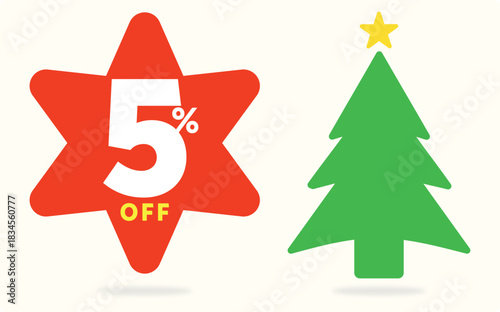 5% off, Christmas, Santa Claus, happy, New Year, gift, special, celebration, promo, sale, season, offer, tree, party, star, light, annual, date. Vector, icon, set, shape, symbol, sticker