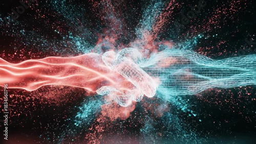 Abstract Digital Handshake With Light Streaks Converging Explosively