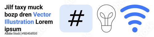 metadata tag inside blue square, light bulb outline, blue wireless signal. Ideal for innovation, creativity, networking, digital technology, connectivity, internet solutions simple landing page