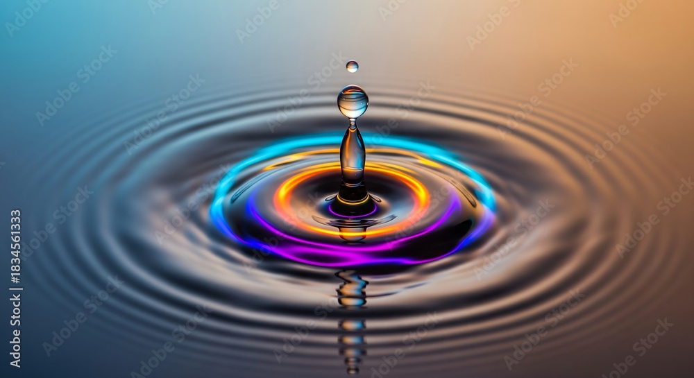 Fototapeta premium Stunning macro capture of a single water droplet impact, creating a liquid crown with glowing neon ripples and a futuristic color palette