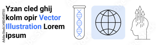 Science, global networks, innovation, technology, genetics, progress. A DNA helix in a test tube, a globe and a human head with upward arrows. Science and global networks concepts