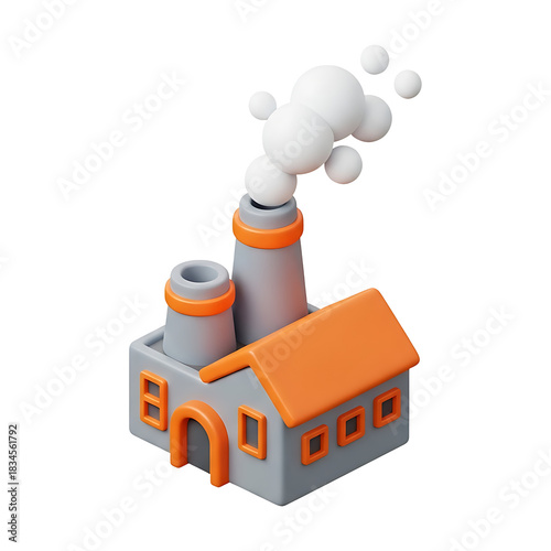 3D industrial factory building with smoking chimneys and orange roof, isometric manufacturing plant facility pollution emission icon