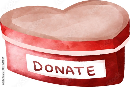 Donation box with a heart shape in a watercolor style, red colors, charity concept