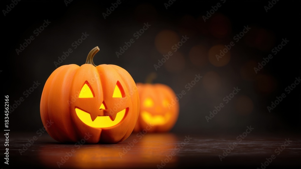 Obraz premium Two glowing Halloween pumpkins with carved faces and warm light, set against a dark background, creating a spooky yet festive atmosphere.