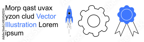 Innovation, technology, progress, achievement, recognition, success. Blue rocket, gear and ribbon. Innovation and technology illustrated with launching rocket and gear