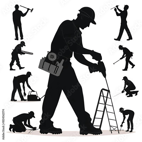 Silhouette collection of construction worker performing various manual labor tasks
