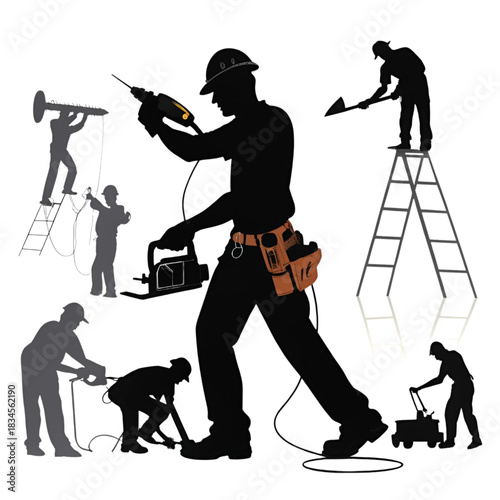 Silhouette of construction worker operating power tool isolated on white background