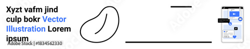 Digital communication, content sharing, mobile app design, abstract symbols, online education, modern technology. Abstract shapes and smartphone showing user interface. Digital communication