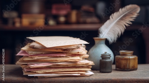 Nostalgic Collection of Vintage Letters and Writing Tools on a Wooden Table in a Warmly Lit Antique Setting