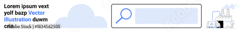 Web navigation, data search, industrial innovation, environmental technology, online search tools, digital solutions. Magnifying glass and search bar next to factory illustration. Web navigation