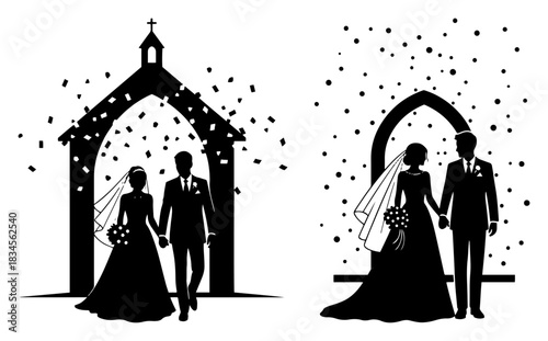 Wedding ceremony silhouettes of bride and groom walking out of church archway with falling confetti vector illustration of newlyweds