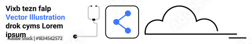 Cloud computing, data sharing, network security, digital storage, information transfer, online services. Cloud and share icon with connectivity lines. Cloud computing and data sharing concepts