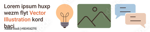 Communication, brainstorming, creativity, design concepts, messaging, and collaboration. Text next to icons of a light bulb, landscape and chat bubbles. Communication and brainstorming theme