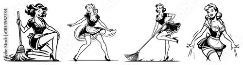 Retro Pin Up Maid Vector Set with Vintage Housewife Cleaning and Sweeping Silhouette Collection