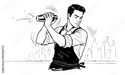 Hand Drawn Bartender Making Cocktail Vector Sketch with Barman Shaking Drink and Alcohol Bottle Outline