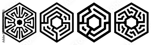 Abstract hexagonal maze vector collection geometric labyrinth shapes for technology logos or sci-fi design polygon puzzle elements