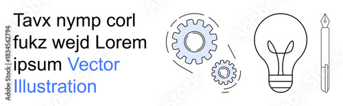 Problem-solving, innovation, creativity, teamwork, brainstorming, design thinking. Gears, light bulb and pen outline. Innovation and creativity through interconnected concepts