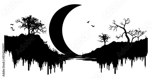 Surreal Night Landscape Vector Silhouette with Big Moon Savanna Trees and Abstract Dripping Paint Ground