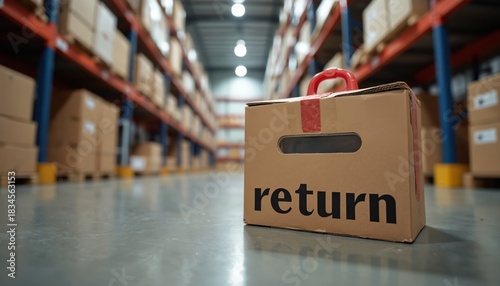 Cardboard box with return label sits on floor in large warehouse. Package stands in wide distribution aisle. Signifies modern online shopping order returns, e-commerce reverse logistics business.