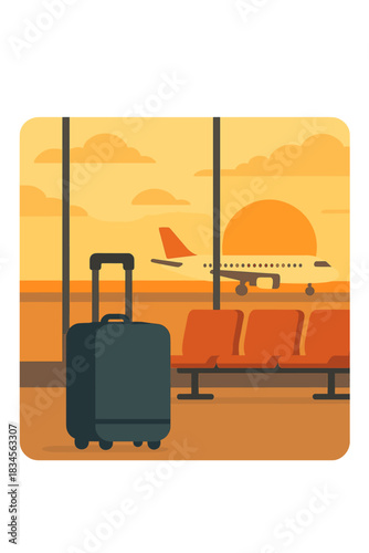 una maleta de equipaje olvidada en la sala de espera de un aeropuerto, con un avión en la pista exterior al atardecer
