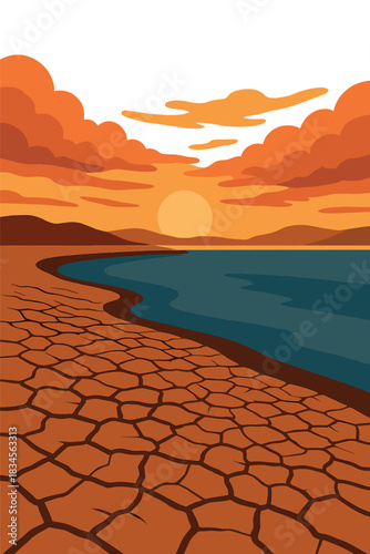 Opening: a retreating shoreline reveals a cracked, dry lakebed beneath a dramatic sunset, inspiring travel plans, ESG reports, and environmental awareness campaigns