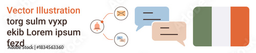 Communication, interaction, dialogues, networking, global connection, Irish identity. Ireland flag with icons of messages, notifications speech bubbles in various colors. Communication