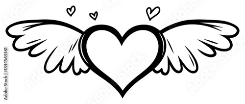 Hand drawn heart with angel wings and floating hearts vector sketch illustration of romantic symbol for tattoo or valentine design