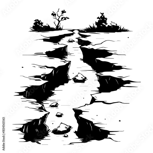 Hand drawn vector illustration of a cracked ground landscape with deep fissures and dry soil monochrome sketch of an earthquake aftermath or drought concept with stones and horizon