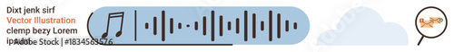 Audio technology, music production, sound design, data visualization, online streaming, digital tools. A blue waveform with a music note, cloud shape and magnified detail. Audio technology and music