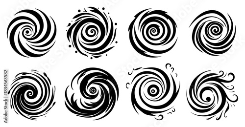 Black Spiral Vortex Vector Set with Hypnotic Swirl and Hurricane Silhouette Collection