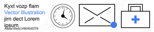 Time management, healthcare, email notifications, productivity, digital communication, professional services. Clock, envelope with notification and medical briefcase. Time management and healthcare