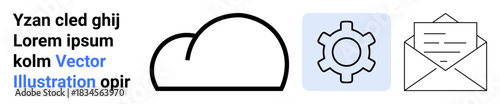 Cloud outline, settings gear in blue square, envelope icon for email. Ideal for technology, communication, networking, cloud storage, email services, user settings simple landing page