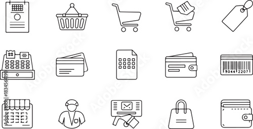 Retail Icons Set, Shopping and Payment Outline Graphics