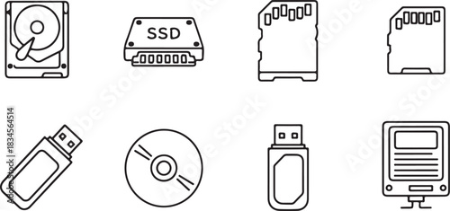Various Data Storage Devices Outline Illustration