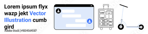 Digital communication, travel planning, eco-transport, urban mobility, online interaction, packing essentials. A chat window, suitcase and scooter illustration. Digital communication and travel