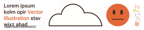 Weather, emotions, uncertainty, abstract design, communication, minimalism. A cloud shape, neutral face icon and scattered question marks. Weather and emotions conceptual ideas are showcased