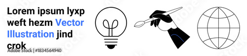 Creativity, global connection, innovation, design, sustainability, art. A hand holding a paintbrush, a lightbulb and a globe. Creativity and global connection visually