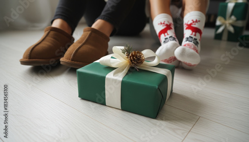 Cozy holiday moment Adult and child's feet in warm slippers and festive socks by a beautifully wrapped green gift