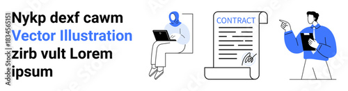 Business management, contract signing, document approval, professional communication, digital work, team collaboration. Woman with laptop, contract document man presenting. Business management