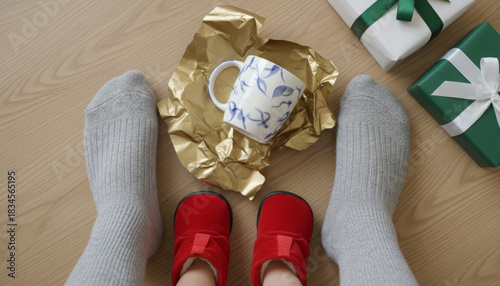 Warm feet in socks and slippers among festive holiday gifts and a ceramic mug on a wooden floor, celebrating unwrapping