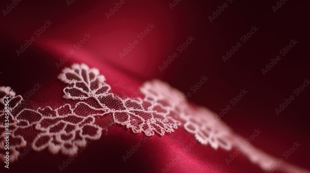 Obraz premium Delicate White Lace Trim on Rich Red Satin Background Offering a Touch of Elegance and Charm in Textile and Fashion Design for Creative Projects