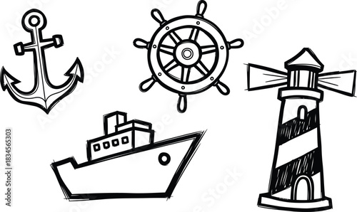 A set of four hand-drawn doodle icons on a single image a wobbly anchor symbol a crooked steering wheel a rough ship outline and an imperfect lighthouse all in solid black on white