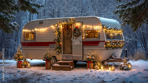 A camper trailer decorated for Christmas in the snow