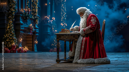 A man dressed as Santa Claus sitting at a desk writing a letter to Santa Claus