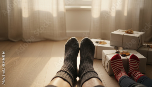 Cozy winter scene with feet in warm socks and decorated gifts on the floor, creating a festive and comfortable atmosphere indoors
