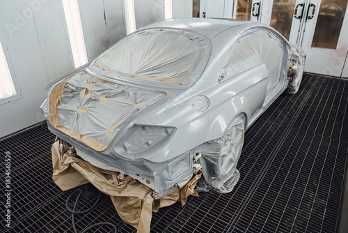 Photos Technician preparing a modern car for paint, carefully masking the body with specialized film inside the clean painting chamber