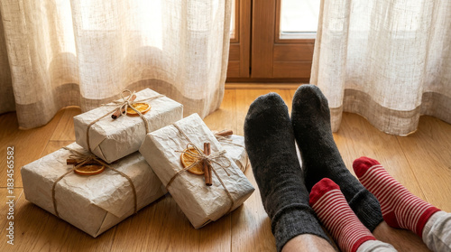 Feet in cozy holiday socks by beautifully wrapped Christmas presents on a warm wooden floor, capturing seasonal joy