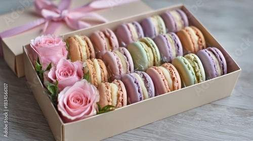 Colorful macarons and pink roses in a gift box for a special occasion, Valentine's Day, birthday