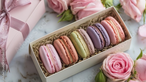 Colorful macarons in a box surrounded by pink roses on a marble surface, Valentine's Day, birthday